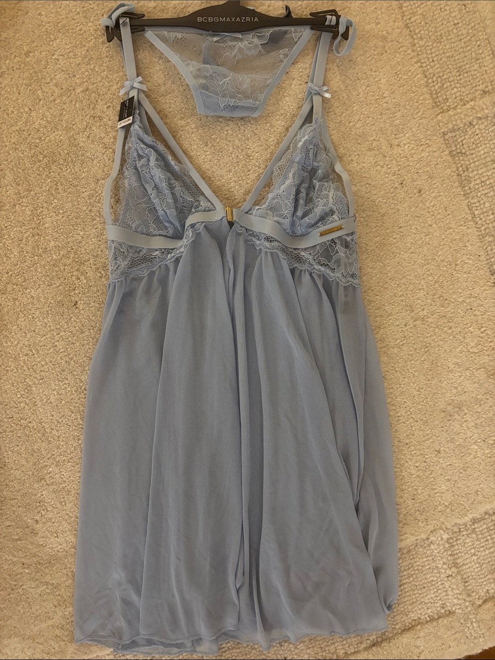 BCBGMaxAzria Light Blue Lace Chiffon Chemise with Matching Thong
